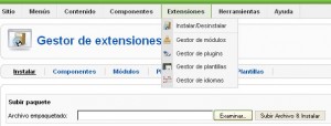 Menu Extensiones y Módulo Instalar en Joomla